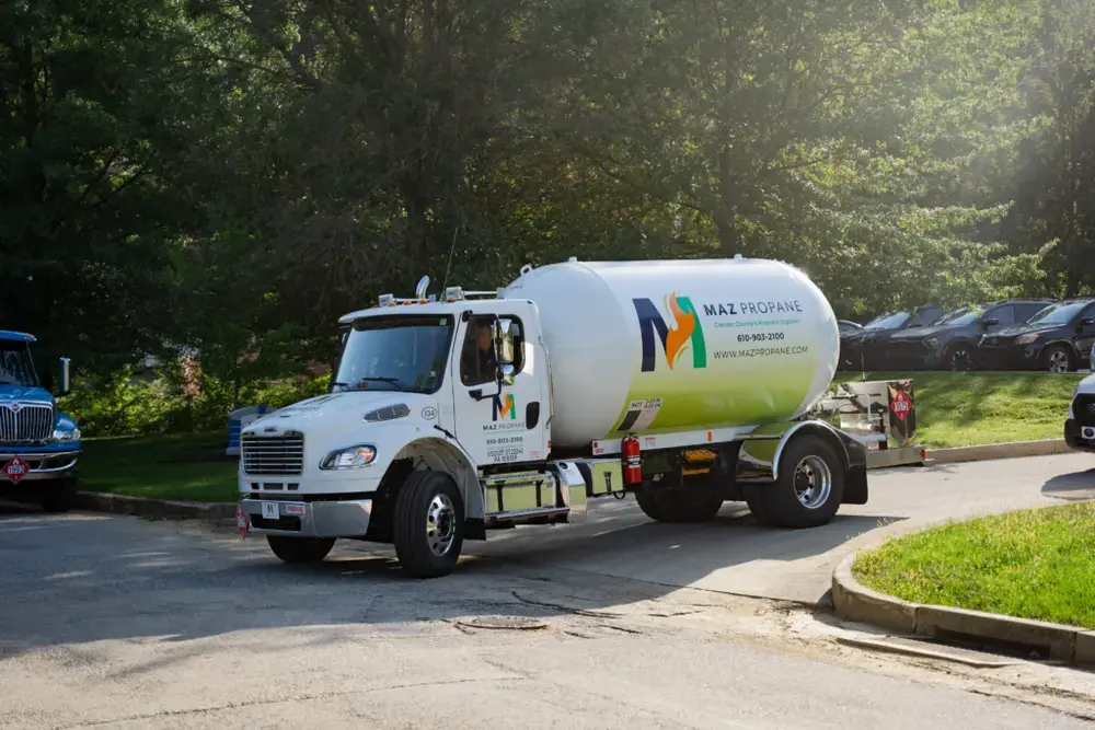 a MAZ Propane delivery truck heading out to make a seasonal propane delivery