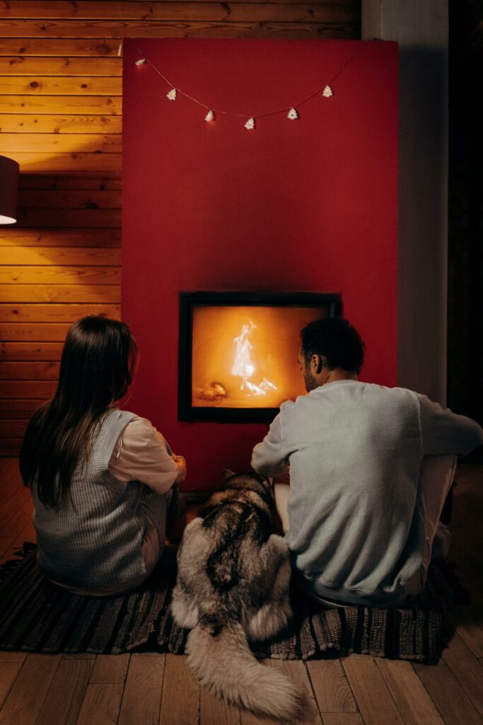 A couple and their dog staying warm in front of their propane powered fireplace