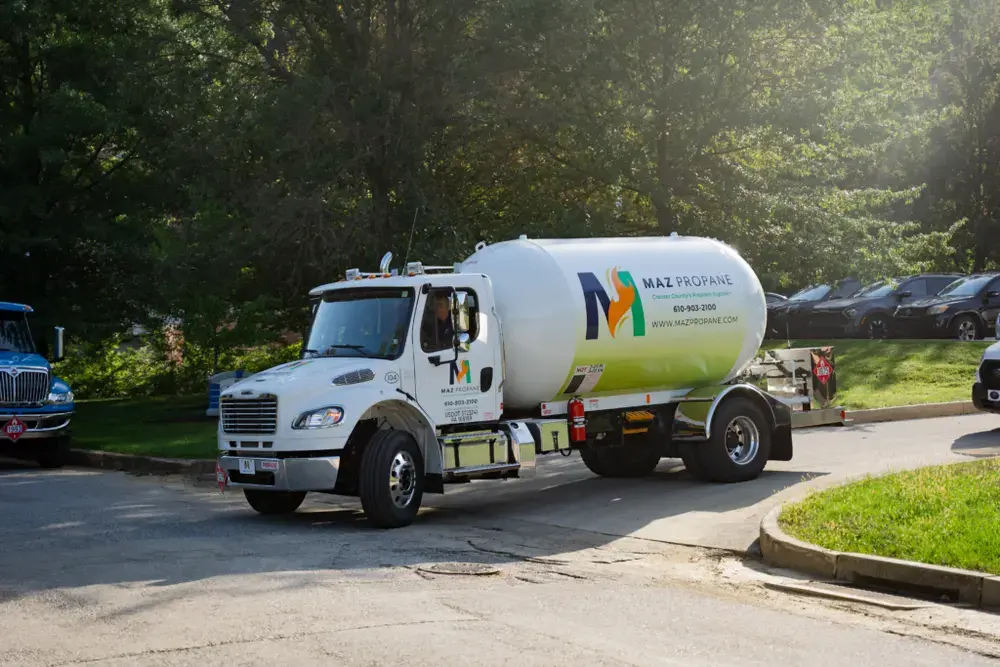 A MAZ Propane delivery truck outside of a Phoenixville, PA home